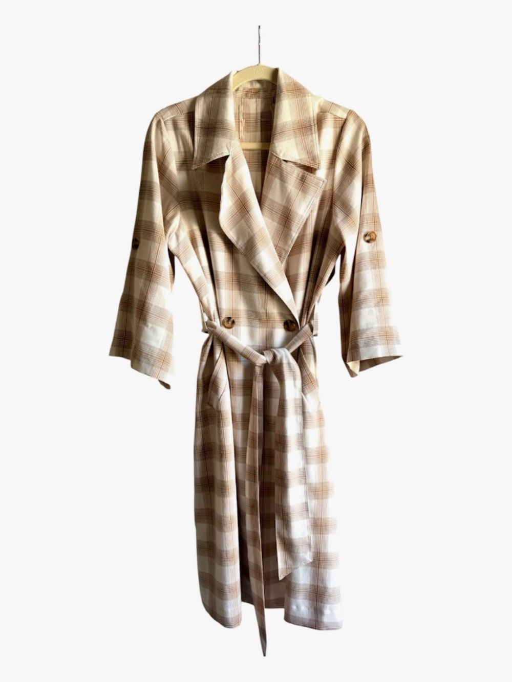 Cupcakes & Cashmere Plaid Drape-Front Trench Duster Coat in Ecru & Brown